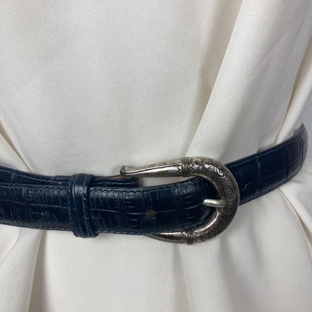 Brighton Croc Embossed Blue Leather Belt Womens 28 Silver Tone Western Buckle